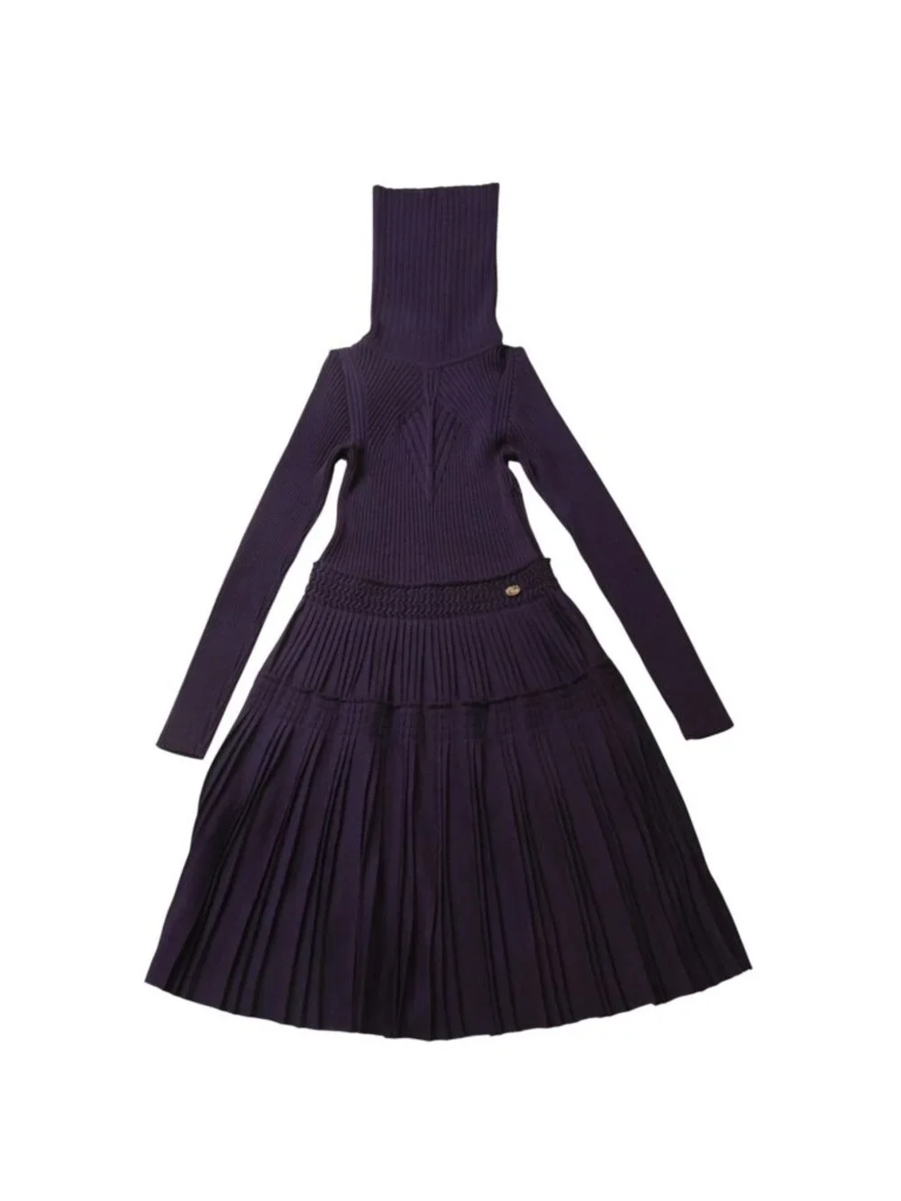 Chanel Turtleneck Knit Dress CC Logo Purple Wool